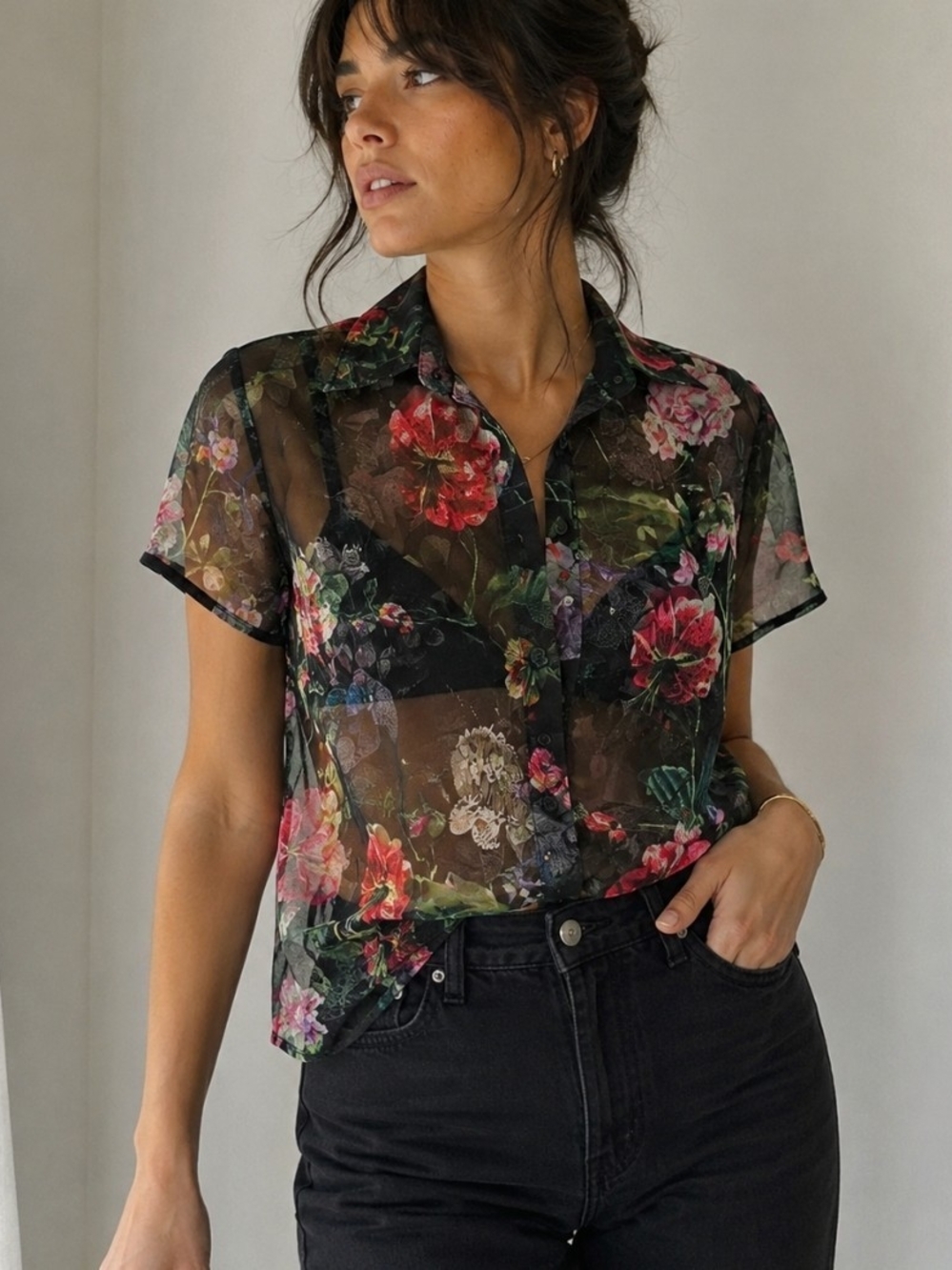 Harvey Faircloth Sheer Floral Embroidered Button Up Shirt Black Mesh Size Small